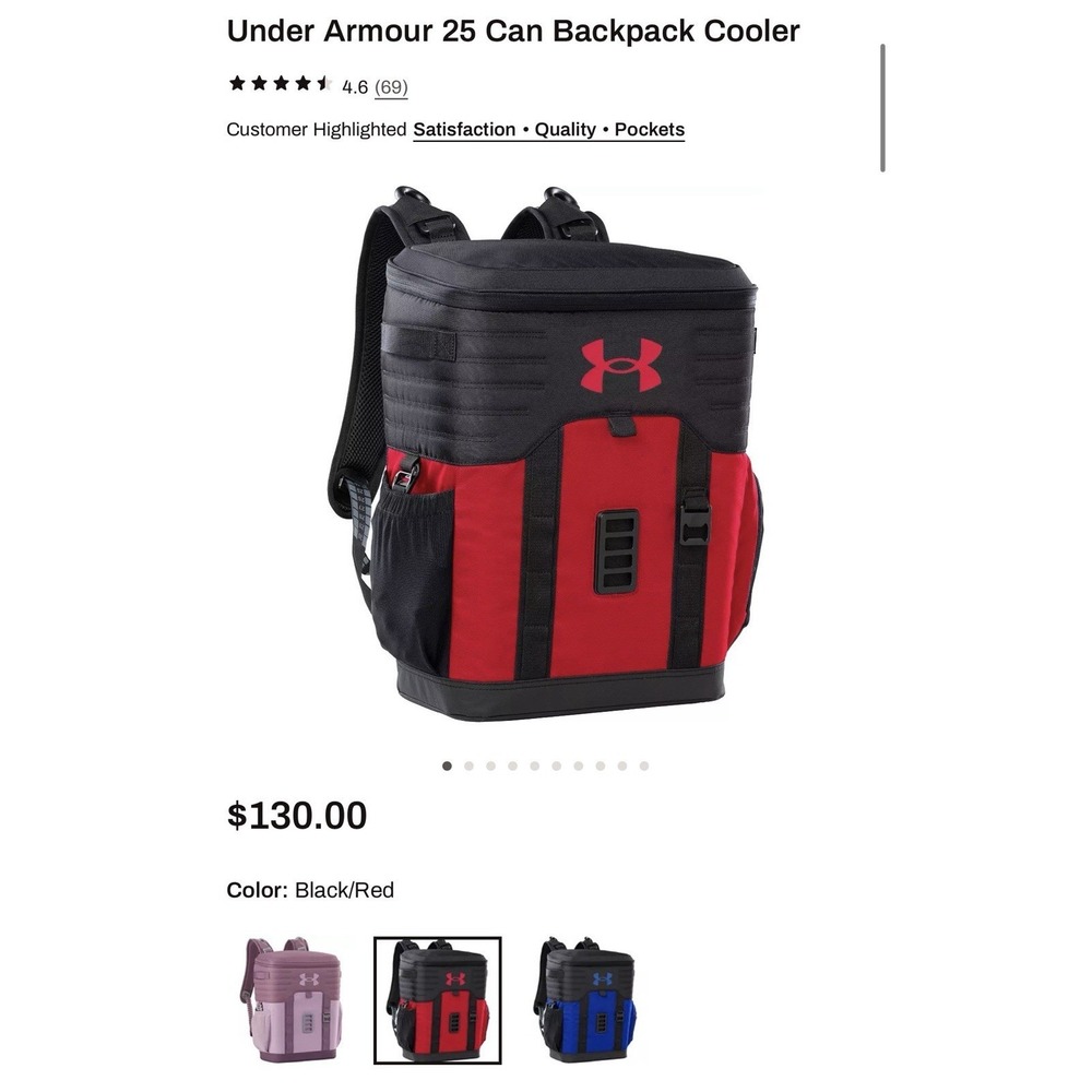 NWT Under Armour Sideline 25-Can Soft Black Red Cooler Backpack $130